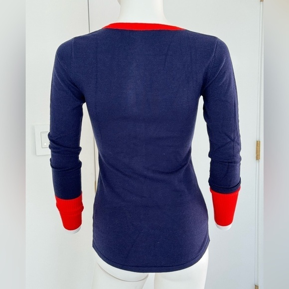 PattyBoutik Notch Neck Trim Long sleeve Sweater Dark Blue and Tangelo X-Small - Picture 2 of 7